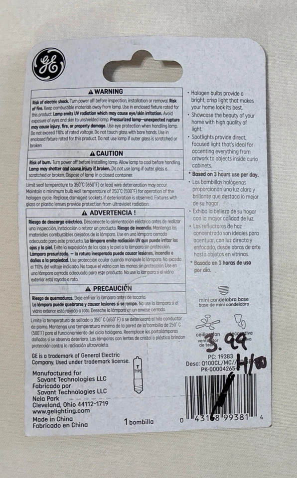 GE Light Bulb Specialty T4 Type Light Bulb 100 Watt Clear Finish 19383 - Image 2 of 3