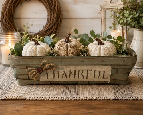 Handmade Rustic Farmhouse Thankful Wooden Basket Primitive Fall Centerpiece