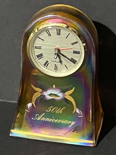 PERFECT FENTON 50TH ANNIVERSARY RAINBOW PEARL HAND PAINTED SIGNED CLOCK   6"