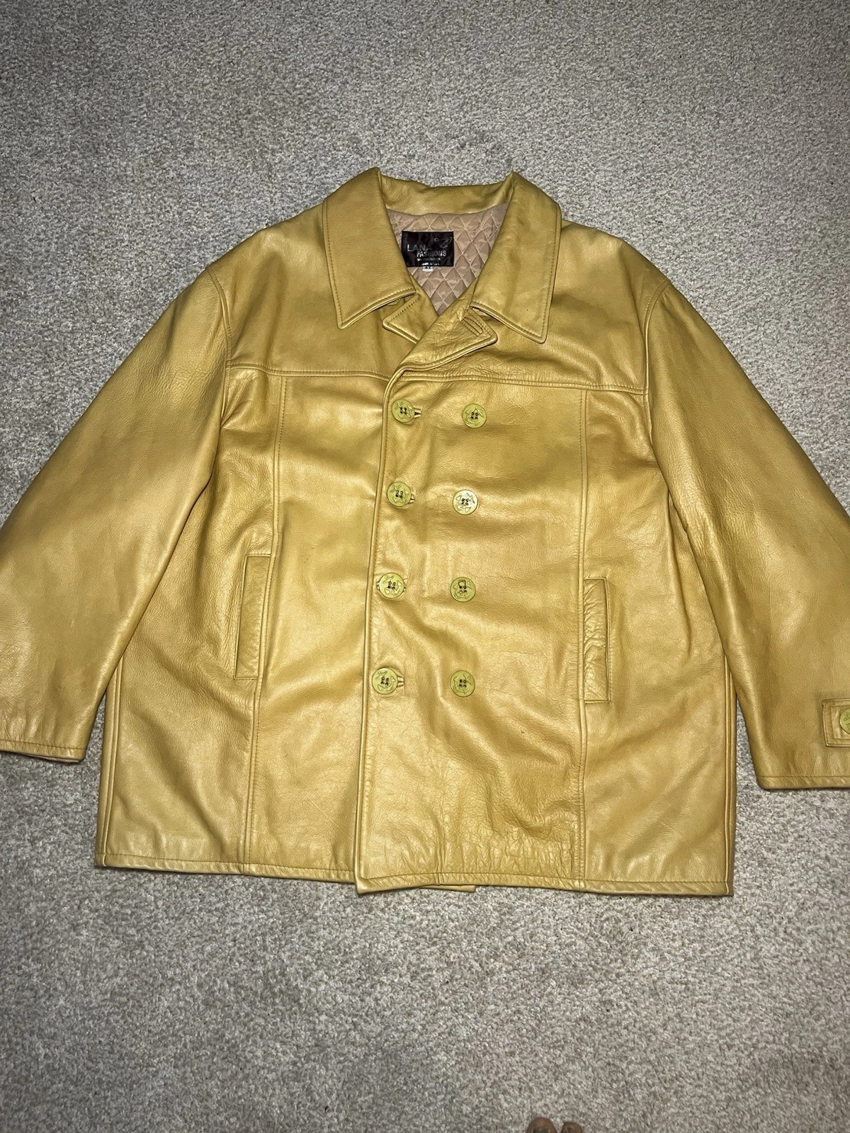 Mens Genuine Leather Pea Coat 4XL Mustard Tan Double Breasted Lined Made in USA - product detail image 1