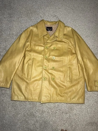 Mens Genuine Leather Pea Coat 4XL Mustard Tan Double Breasted Lined Made in USA - product listing photo