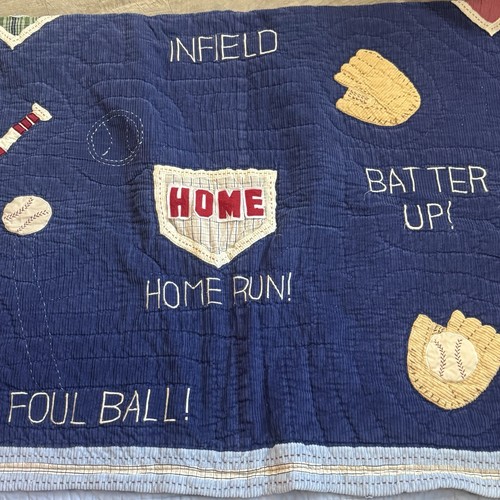 Full Pottery Barn Kids Baseball Field Cotton Corduroy Quilt Home Run Appliqué