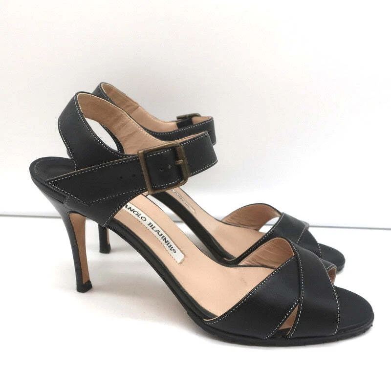 Manolo Blahnik 十字交叉凉鞋黑色皮革 39 码踝带高跟鞋 — 第 2/4 张图片