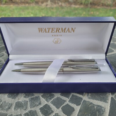 Waterman Hemisphere Stainless Steel Black Ink Ballpoint Pen & Pencil Set NOS