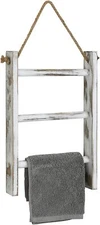 MyGift 3 Tier Mini Whitewashed Wood Hanging Hand Towel Storage Ladder with Rope
