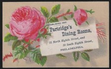 Tarjeta comercial victoriana Partridge's Dining Rooms Philadelphia Pink Roses Dinners