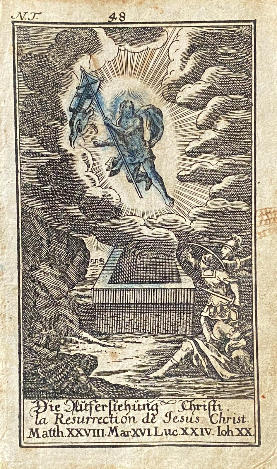 RELIGIÖSE BILDER GRAVUR 1763 XVIII. JAHRHUNDERT AUFERSTEHUNG JESU NR. 48
