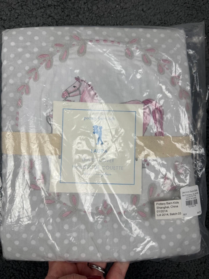 Funda nórdica doble Pottery Barn Kids caballo ecuestre gris rosa punto Laura PBK nueva con etiquetas Foto 3 de 4