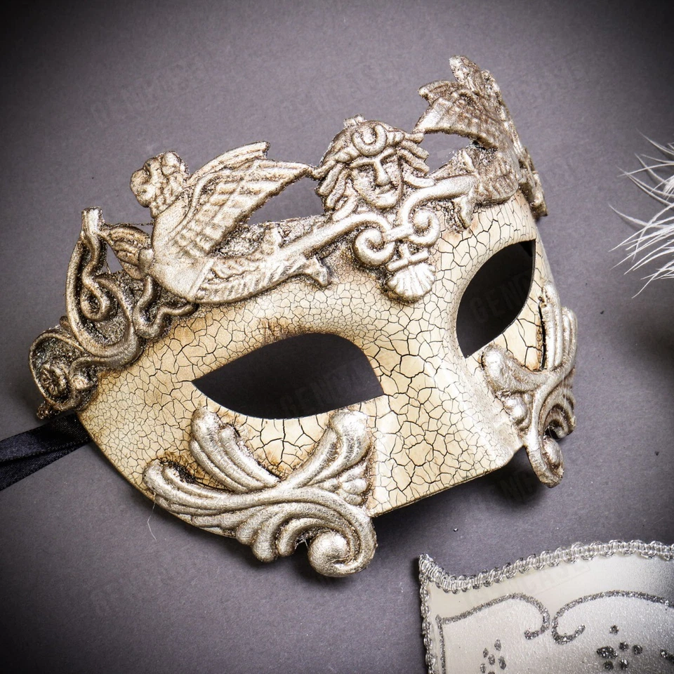 White Silver Prom Masquerade Masks Set Couple Men Women Matching Costume Masks - Image 2 of 3