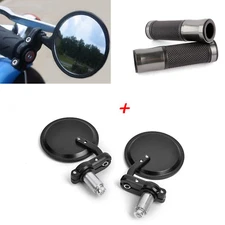 BLACK MOTORCYCLE BAR END SIDE MIRRORS 7/8" HANDLEBAR HAND GRIPS FOR CAFE RACER
