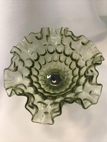 Vintage ca 1970's Fenton Green Glass Footed Compote Dish Ruffled Thumbprint - Picture 2 of 7
