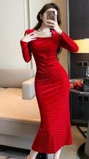 Women's New socialite square collar crystal decorate Package buttocks Midi dress