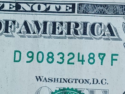 "INK ERROR NOTE - NUMBER 7'' - D90832487F - $1.00 BILL: FANCY SERIAL ...