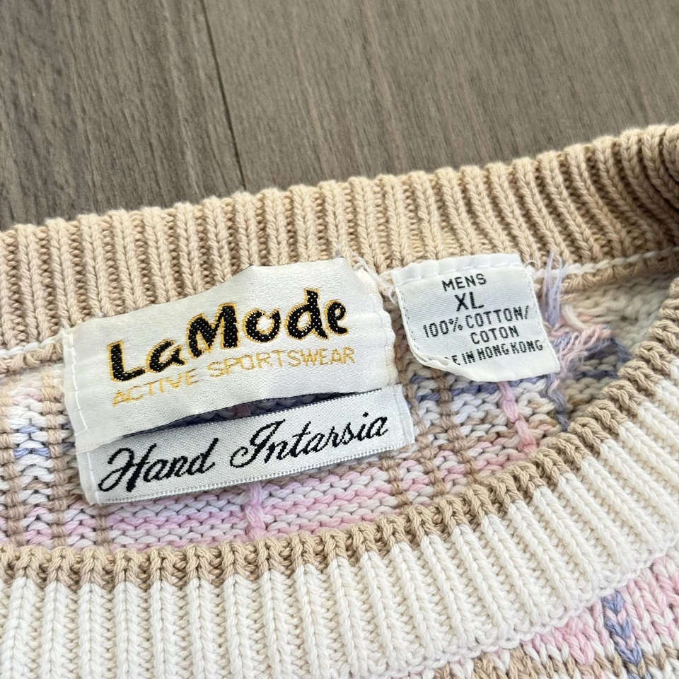 Suéter DE COLECCIÓN LaMode Para Hombres XL Rosa Crema Cuadros Mano Intarsia Cuello Redondo Años 90 Foto 3 de 4