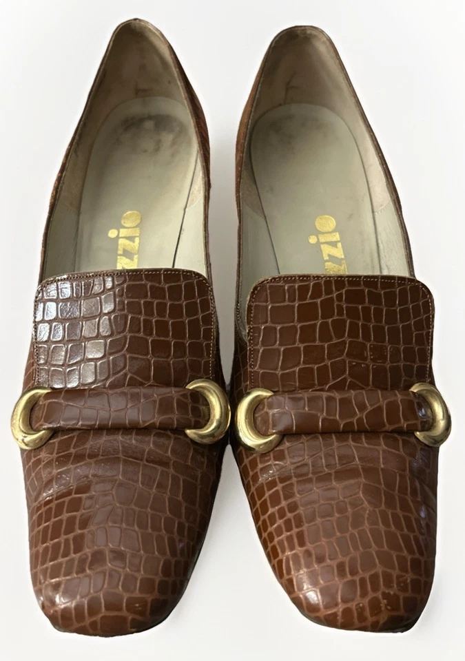 Zapatos mocasines vintage Palizzio grano de cocodrilo piel de becerro marrón dorado broca 8AA EE. UU. Foto 3 de 4