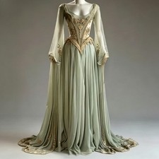 Fantasy Flare Sleeves Prom Dress Vintage Victorian Gold Lace Appliques Gowns