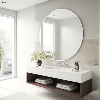 USHOWER 30'' Round Frameless Bathroom Mirror Beveled Edge Circle Wall Vanity HD