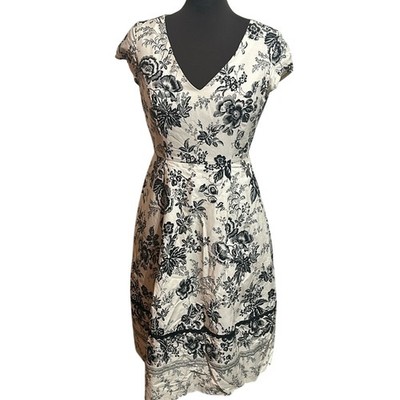 Positive Attitude Black Cream Floral Toile Short Sleeve V Neck Dress Size 4P