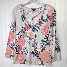 Guess Shirt Womens XL Pink Floral Strappy V Tunic Top Stretch Cottagecore Casual