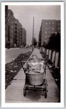 Vtg B&W Snapshot Baby In Wicker Carriage On Urban City Sidewalk Apt Bldgs 1940s
