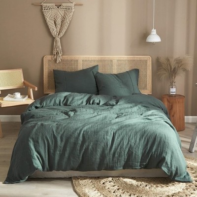 Green Linen Duvet Cover Set Queen 100% Pure Washed French Flax Linen Soft Bre...