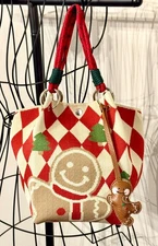 New Christmas Gingerbread Man Woven Bucket Bag Handbag Purse w/ Bag Charm