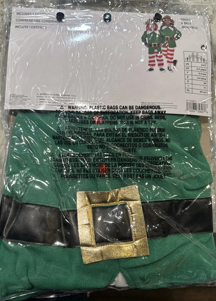 Новый в коробке праздник эльф молнии с капюшоном полный костюм для унисекс малышей ясельного возраста 3-4T - Изображение 2 из 3