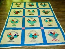 "Farm Fresh" Flower Basket Quilt Almost totally Done by Hand Vintage 30s-40s GA.