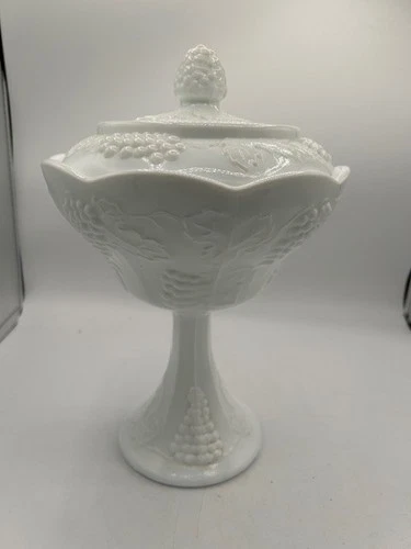 Vintage Indiana Glass Harvest Grape Pedestal Milk Glass Compote Candy Dish w/Lid