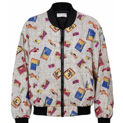 Vintage 90s Carol Horn Silk Bomber Jacket Travel Print Artsy Retro M
