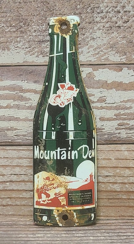 Vintage Mountain Dew Soda Diecut Bottle Porcelain Metal Sign