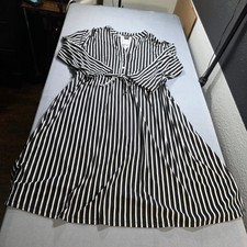 Robert Louis Black White Striped Button Front Drawstring Waist Dress Large L