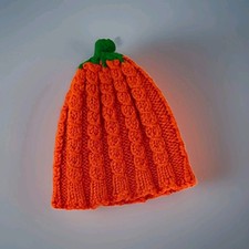 Handknit Pumpkin Beanie Hat, Orange/Green, Newborn Unisex Baby, Fall