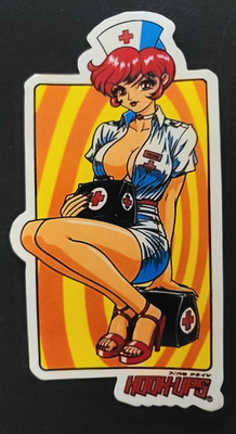 HOOK UPS STICKER ''RED HAIR NURSE OPEN BOOBS'' 2 5/8 X 5'' GLOSSY 