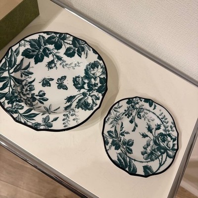 GUCCI Ginori 1735 Green Herbarium Plates Bowl Set of 2 White Porcelain Flower