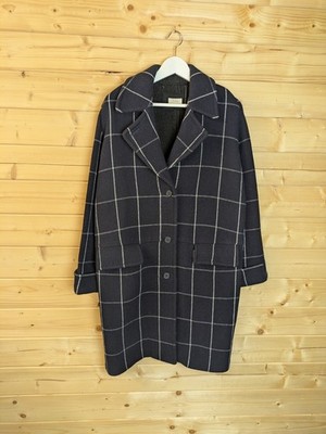 Wrap London Grid Plaid Woop Navy Lined Single Breasted Pea Coat Women RRP £280