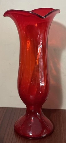 Blenko MCM Ruby Red Ruffled Top Hand Blown Art Glass Vase 12.5”