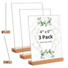 3 Pack 4x6 Inch Acrylic Sign Holder Wood Base Vertical Slant Back Display