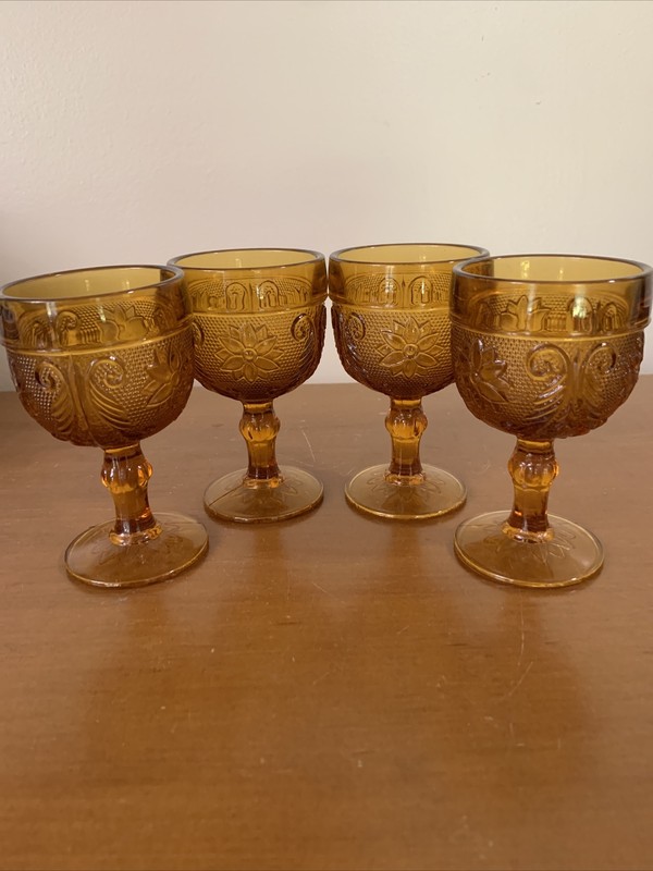 VINTAGE SET OF 4 INDIANA GLASS TIARA PATTERN AMBER SMALL WINE CORDIAL 4” GOBLETS