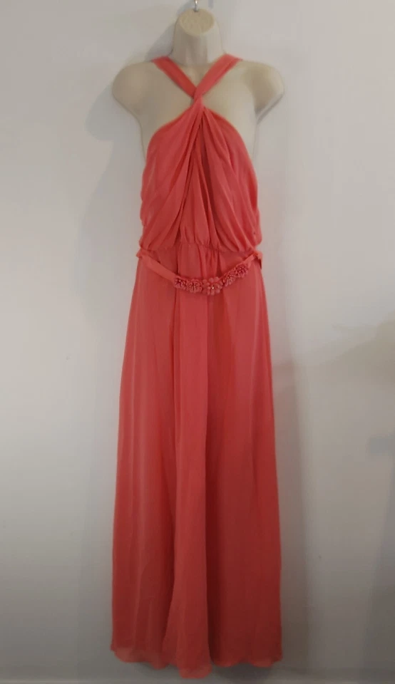 Mathew Williamson Dress UK 16 Coral Pink Maxi Mother Bride Prom Twist Halter - Image 2 of 4