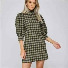 GANNI Olive and Black Check Plaid Mini Balloon Sleeve Dress Size 36 NST