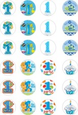 24 x PRECUT BOYS 1ST BIRTHDAY/1 YEAR OLD BOY RICE/WAFER PAPER CUP CAKE TOPPERS
