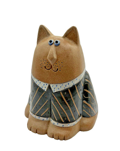 Cat Bank Studio Art Pottery Clay Kitty Dressed Shirt Figurine 5.25” VTG ~Signed