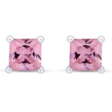 Solitaire Stud Earrings Simulated Pink Sapphire 14K White Gold Plated