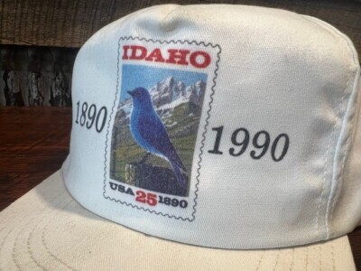 Idaho Trucker Hat 1990 Mountain Bluebird Postage Stamp Graphic