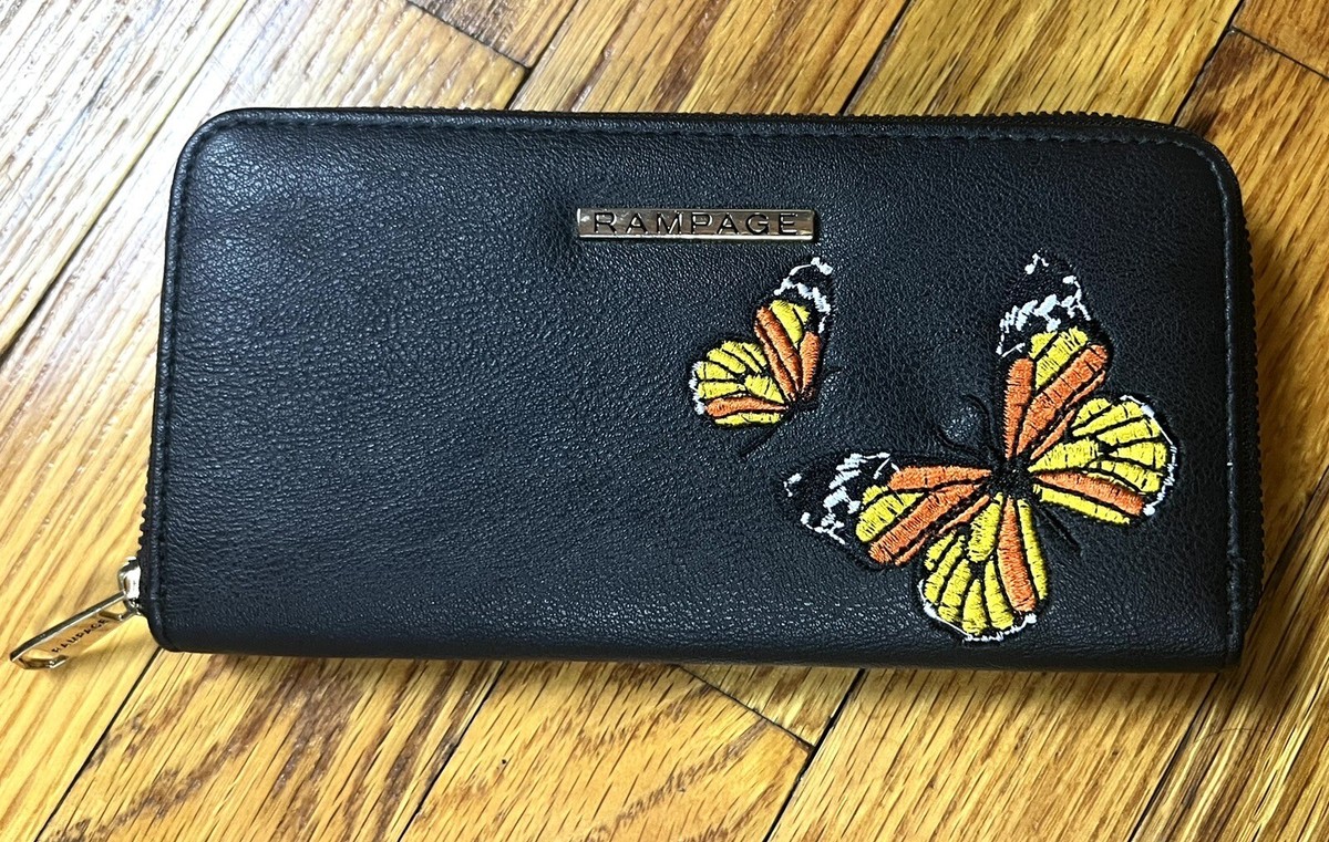 Rampage Wallet Black Embroidered Butterfly Patch Zipper Card Money