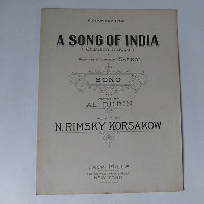 1924 ''A Song Of India'' Vintage Sheet Music By Chanson Indoue from Sadko Good 