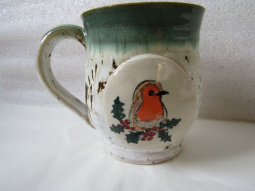 Christmas Robin Unique Hand Thrown Painted in England Stoneware Mug Full Size #2 - Picture 1 of 5