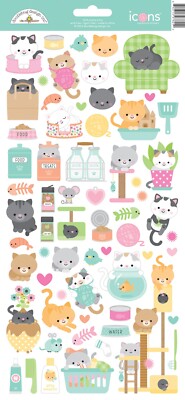 Crafts Doodlebug Icon Stickers Pretty Kitty Cats Milk Yarn Fish Mice Birds Heart
