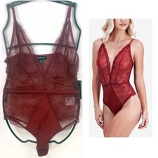 INC International Concepts Plunge Lace Thong Bodysuit Maraschino Red medium